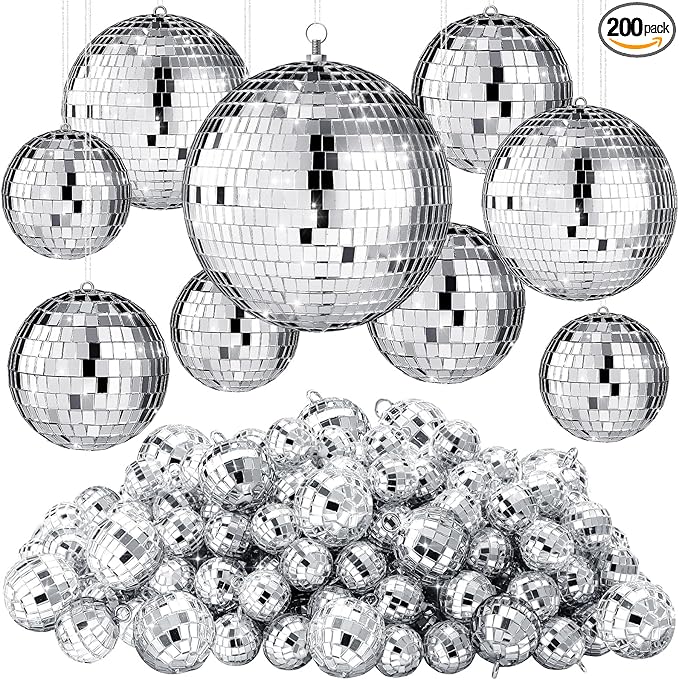 Hoolerry 200 Pcs Mini Mirror Disco Ball Ornaments Mardi Gras Small Silver Hanging Decorations Reflective Tiny Balls Bulk for 70s 80s 90s Disco Party, Christmas Tree(6'', 4'', 3'', 2.4'', 1.6'', 0.8'')