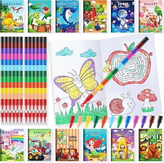 BenLouis Coloring Books for Kids With Stacking Crayons Set Mini Coloring Books Bulk for Ages 4-8-12 Small Activity Books for Birthday Party Gifts Goodie Bags Stuffers Travel（24+24Pcs Colorful）