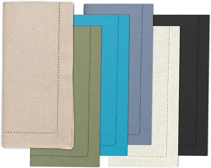 Ruvanti Premium Linen Napkins Set of 12-20x20 Inch, Classic Hemstitch, Mitered Corner Cloth Napkins - Soft, Elegant Dinner Napkins Cloth Washable for Weddings, Parties, Everyday Use - Multi Color