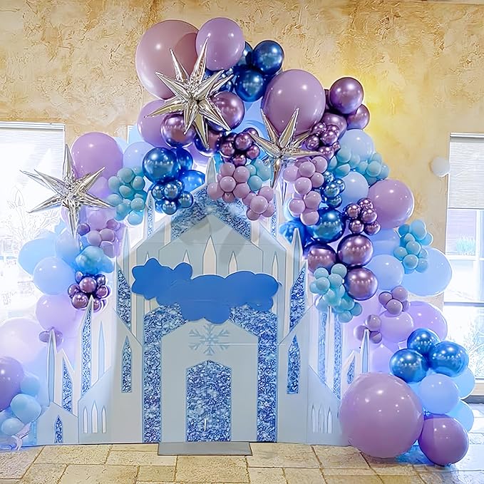 Blue Purple Snowflake Balloons Set, 12 Inch Metallic Blue Purple Balloon Snowflake Confetti Latex Balloons Metallic Silver Girls Birthday Party Decoration for Children Winter Birthday Party Supplies