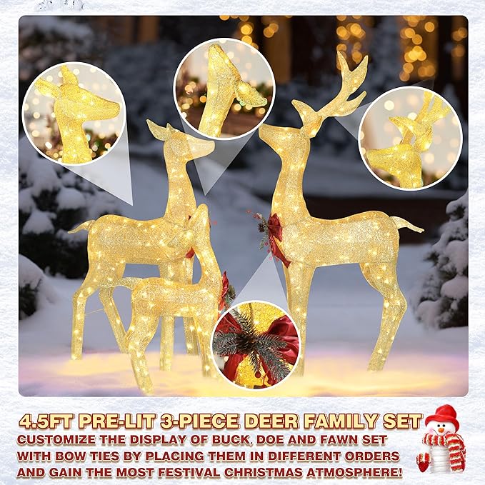 BlueWish Outdoor Christmas Decorations, 3-Piece Golden Christmas Reindeer Decor with Bow Ties, 200 LED Lights, Pre-lit Outdoor Christmas Decor for Garden, Yard, Porch