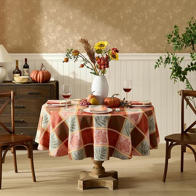 Newbridge Whispering Leaves Rust Orange and Green Plaid Thanksgiving Tablecloth, 70 Inch Round, Autumn Leaf Woven Fabric Table Cover, Fall Harvest Dining Decor