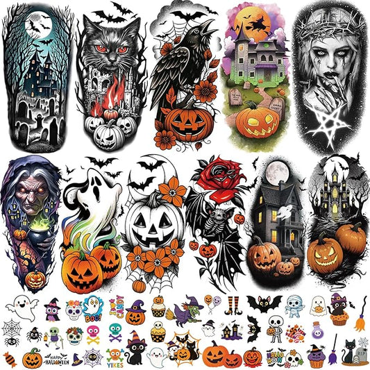 77 PCS Halloween Temporary Tattoos Adult Kids, 17 PCS Half Arm Pumpkin Bat Crow Witch Skull Fake Tattoos, 60 PCS Spider Cat Ghost Scar Tiny Realistic Face Body Tattoos Stickers for Halloween Costume
