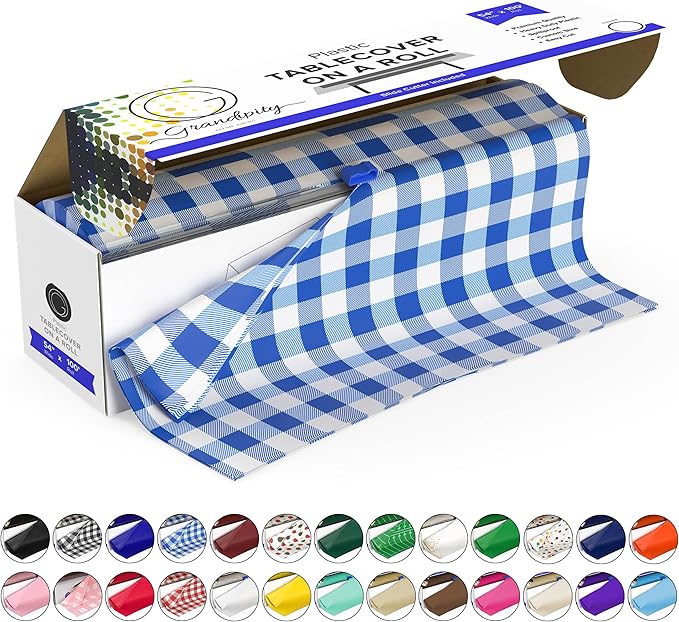 Grandipity Plastic Tablecloth Roll - 54in x 100 Ft. Blue Gingham Checkered Plastic Table Cloths for Parties Disposable with Cutter Box - Cut to Size | Disposable Tablecloth for Rectangle & Round