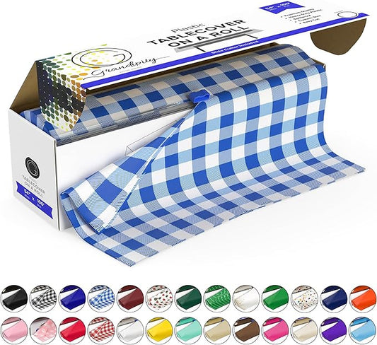 Grandipity Plastic Tablecloth Roll - 54in x 100 Ft. Blue Gingham Checkered Plastic Table Cloths for Parties Disposable with Cutter Box - Cut to Size | Disposable Tablecloth for Rectangle & Round