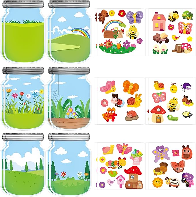 CY2SIDE 12PCS Summer Bugs Stickers Scene for Kids, Make A Bug Jar Sticker Scene with Butterfly Bee Ladybug Flower, Make Your Own Insect Stickers with Jar Scene, DIY Summer Party Games Class Activities