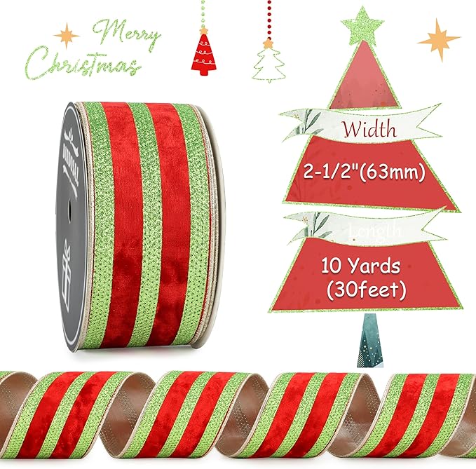 Red Velvet Wired Ribbon with Lime Green Glitter Stripe 2.5 Inch Crushed Velvet Christmas Ribbon, 10 Yards for Gift Wrapping, Crafts, Christmas Tree Decorations, Wreaths, Garlands