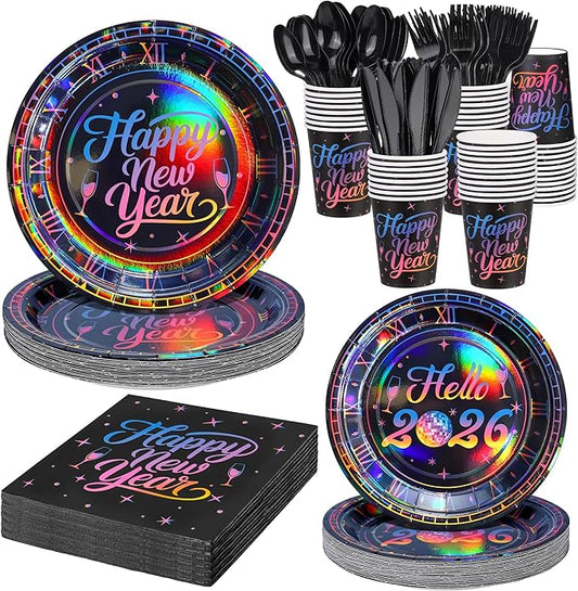 175 Pieces 2026 Happy New Year Iridescent Paper Plates Party Supplies Decorations Eve New Year Party Tableware Set Dinnerware Paper Plates Napkins Cups Cutlery Supplies, Serve for 25 Guest