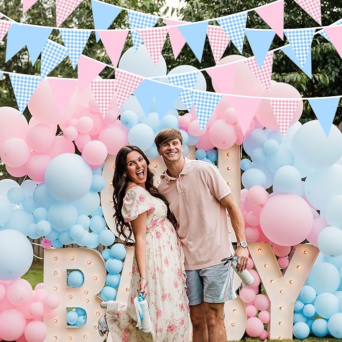 32Ft Pink Blue Gingham Party Decorations Blue Pink Gingham Fabric Triangle Banner Flag Plaid Pennant Garland Streamer for Gender Reveal Birthday Boy or Girl Baby Shower He or She Party Decor Supplies