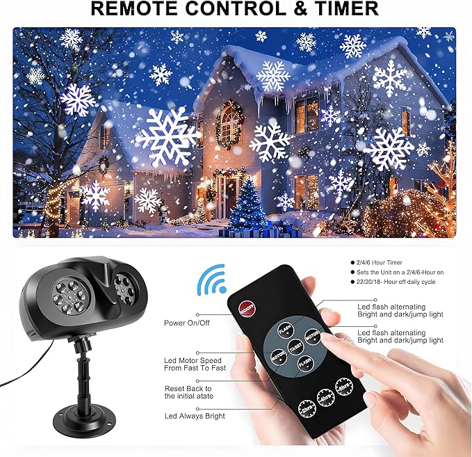 Christmas Projector Lights Outdoor, Snowflake Projector with Remote Control, IP65 Waterproof LED Snowflake Projection Lights for Christmas Decorations Garden Holiday Parties New Year