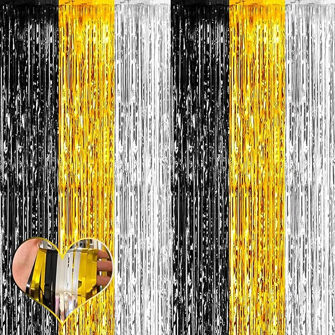 4 Pack 3.2Ft x 9.8Ft Black Gold Silver Fringe Curtain Backdrop, Metallic Tinsel Foil Fringe Streamers Curtains Background for Wedding Notorious One Birthday Roaring 20s Graduation Party Decoration