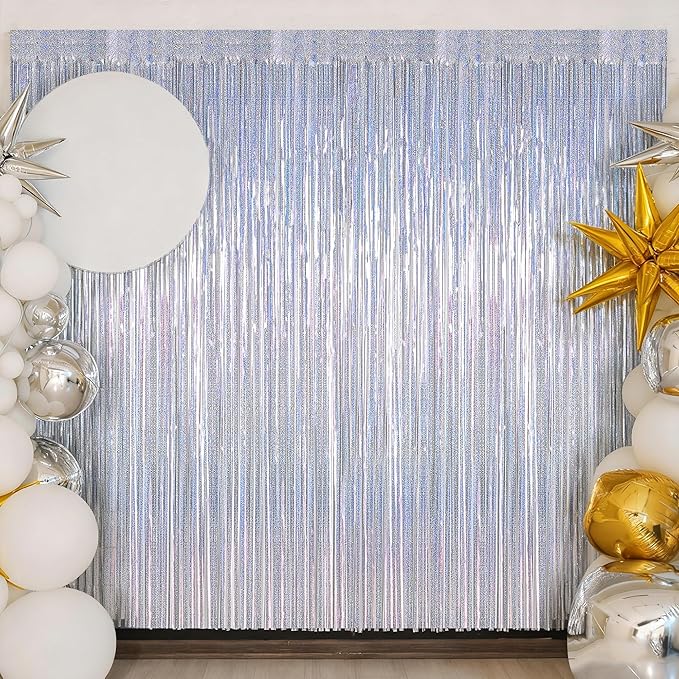 12 Pack Fringe Backdrop, 3.28 FT x 7.08 FT Glitter Silver Tinsel Curtain, Metallic Foil Curtains Party Streamer Disco Backdrop, Silver Party Decorations for Bachelorette Birthday Holiday