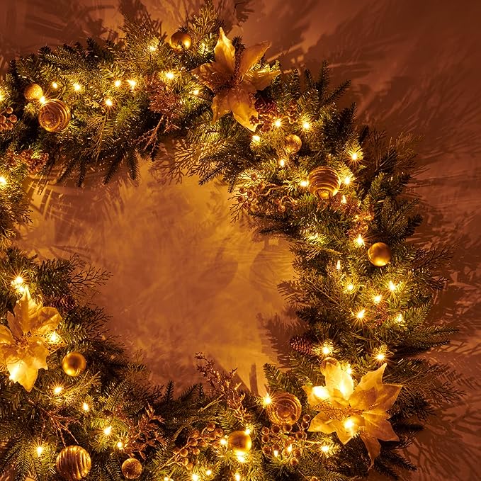 9Ft Christmas Garland Prelit with Gold Berries and Balls,Flower and 50 Lights Plug in,Holiday Decoration Fireplace Stairs Mantle Door Indoor Outdoor