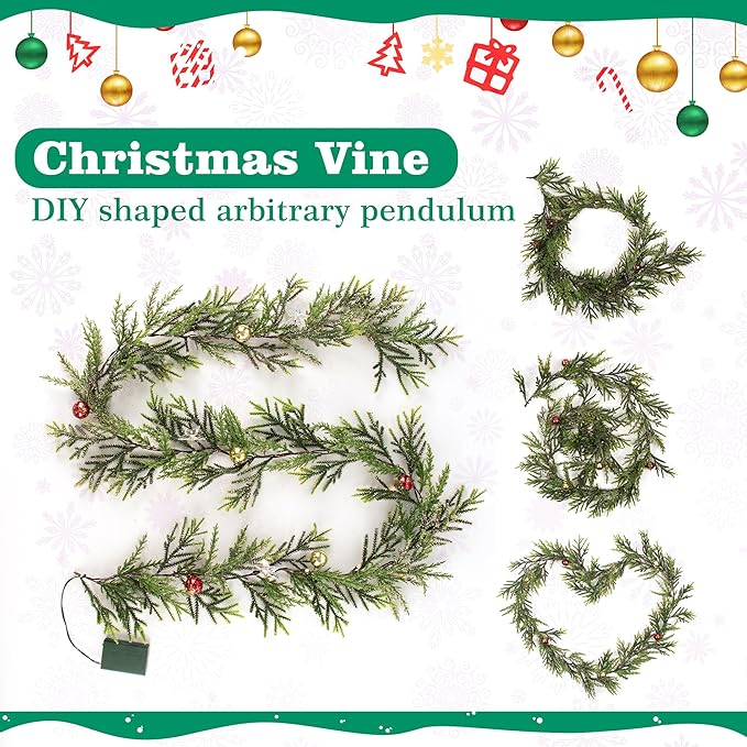 6 FT Artificial Christmas Garland, Faux Spruce Evergreen Garland with 20 LED Lights, Red Gold Ball Ornaments and Stars, Lighted with Timer, Perfect for Christmas Indoor Outdoor Decoration