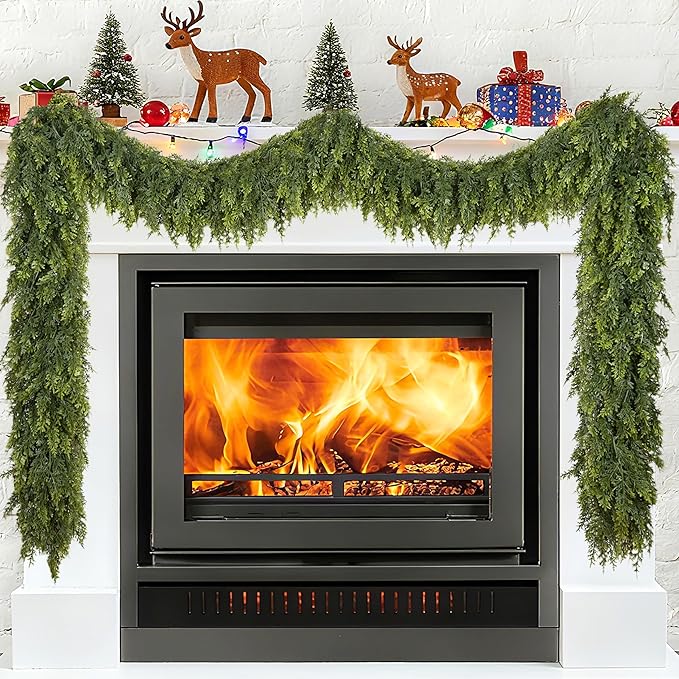 Palonu 9Ft Christmas Cedar Garland, Artificial Realistic Greenery Faux Garlands Touch Like Real Pine Needles Xmas Décor, Fireplace Mantle Table Stairs Porch Indoor Outdoor Holiday Decoration