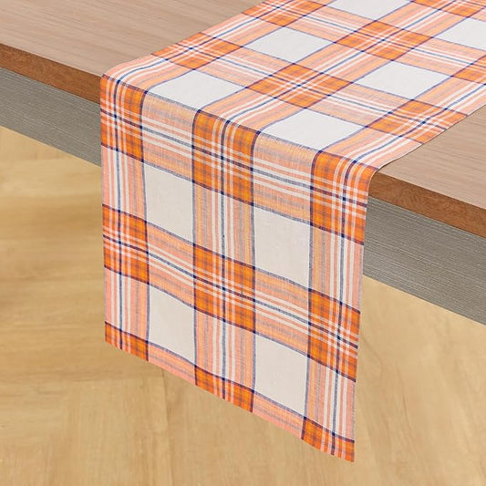 Solino Home Fall Table Runner 72 Inches Long - 100% Pure Linen Orange Tartan Plaid Table Runner 14 x 72 Inch for Dining, Autumn, Thanksgiving
