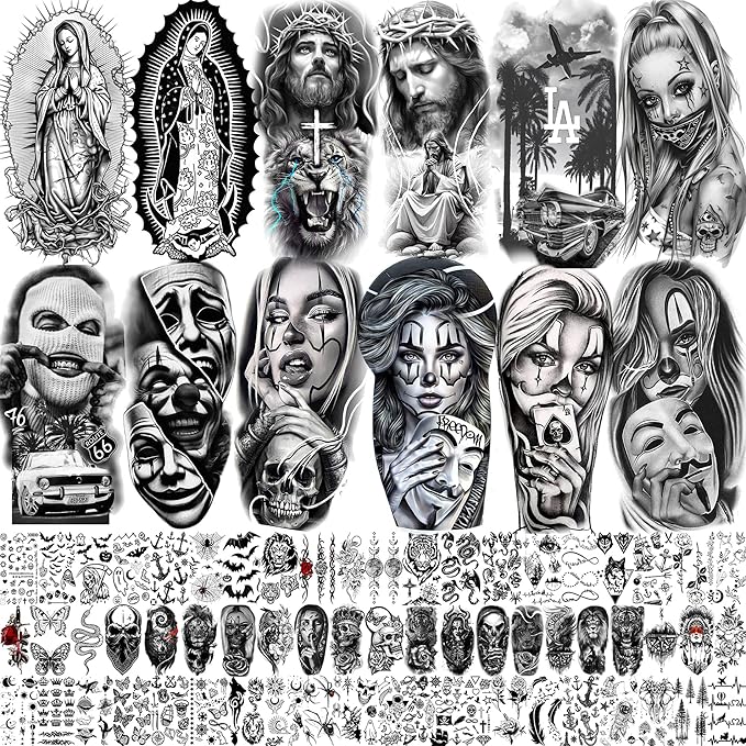 73 Sheets Halloween Chicano Temporary Tattoos For Women Men Adults Cholo Chola, Our Lady of Guadalupe Tattoo Stickers Religion, Chicana Gangster Prisoner Mexico Culture Joker Fake Tattoo Jesus Christ