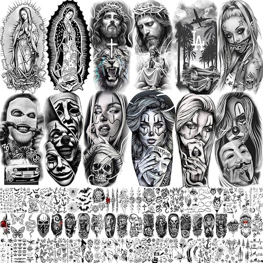 73 Sheets Halloween Chicano Temporary Tattoos For Women Men Adults Cholo Chola, Our Lady of Guadalupe Tattoo Stickers Religion, Chicana Gangster Prisoner Mexico Culture Joker Fake Tattoo Jesus Christ