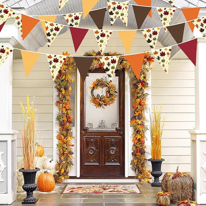 31Ft Fall Party Decorations Orange Brown Fall Maple Leaves Banner Fabric Triangle Flag Pennant Garland Streamers for Happy Fall Thanksgiving Day Harvest Autumn Birthday Outdoor Garden Hanging Decor
