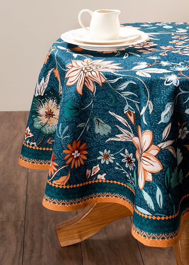 Maison d' Hermine Table Cloth Round Table 100% Cotton 63 Inches Fall Tablecloth Reusable Everyday Use for Thanksgiving Christmas Decorations Dining Farmhouse Party (Luxury Loft - Dark Teal)