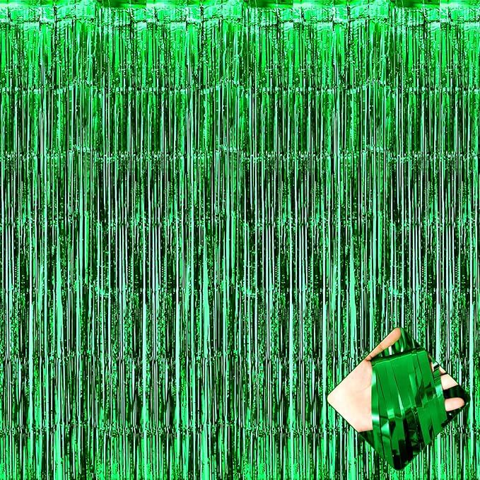 4 Pack 3.2Ft x 9.8Ft Green Foil Fringe Curtain Backdrop, Metallic Tinsel Foil Fringe Streamers Curtains for Party, Photo Booth Props, Birthday, Wedding, Christmas Party Decoration Supplies