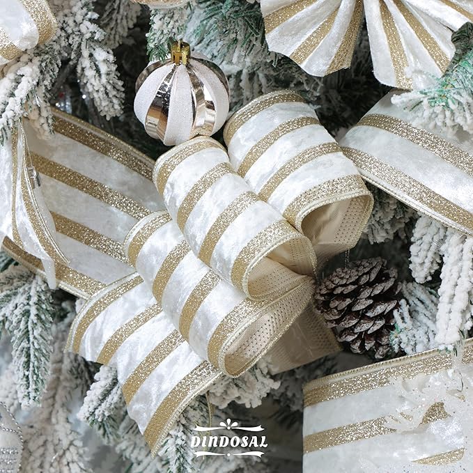 Ivory Velvet Wired Ribbon with Champagne Glitter Stripe 4 Inch Crushed Velvet Christmas Ribbon, 10 Yards for Gift Wrapping, Crafts, Christmas Tree Decorations, Wreath Supplies, Garlands