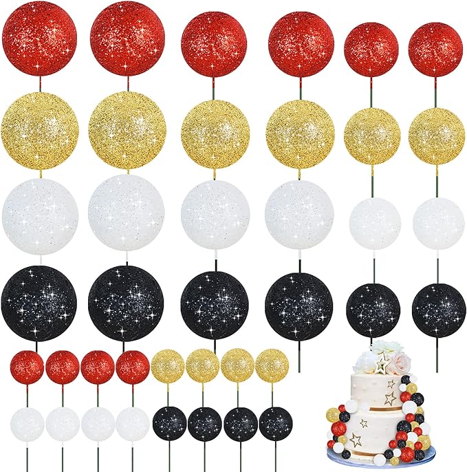 BEISHIDA 40 Pcs Foam Ball Cake Toppers with Sticks Mini Cake Decorations for Birthdays, Weddings, Baby Showers, DIY Baking Supplies, Anniversary Party (Red, Black, White，Gold)