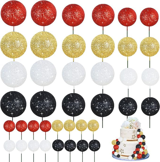 BEISHIDA 40 Pcs Foam Ball Cake Toppers with Sticks Mini Cake Decorations for Birthdays, Weddings, Baby Showers, DIY Baking Supplies, Anniversary Party (Red, Black, White，Gold)