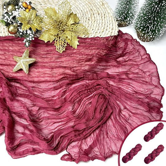 Booque Valley Christmas Table Runner 3 Pack Burgundy Cheesecloth 10ft Soft Boho Wrinkled Decorative Gauze Sheer for Holiday Party Baptism Wedding Centerpiece Table Decor, 35x120 Inch
