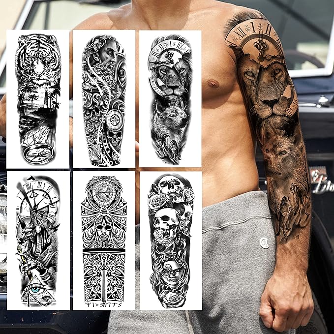 COKTAK 21 Sheets Extra Large Black Temporary Tattoos For Women Adults Greek Myth With 8 Sheets Full Arm Sleeve For Men Maori Warrior Compass and 13 Sheets Fake Large 3D Tatoo Stickers