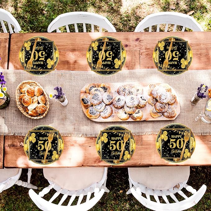 50th 7 inch Birthday Party Paper Plates and Napkins Forks 60 pcs Black Gold Decorations for Boys Girls Tableware Set for Birthday Anniversary Party Supplies,Serve 20