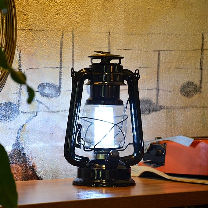 YAKii LED Vintage Lantern Metal Hanging Hurricane 12 LED Dimmer Switch Cold White Battery Operated Power Outage Indoor Camping Lighting Outdoor Brooklyn Decoration(Black)