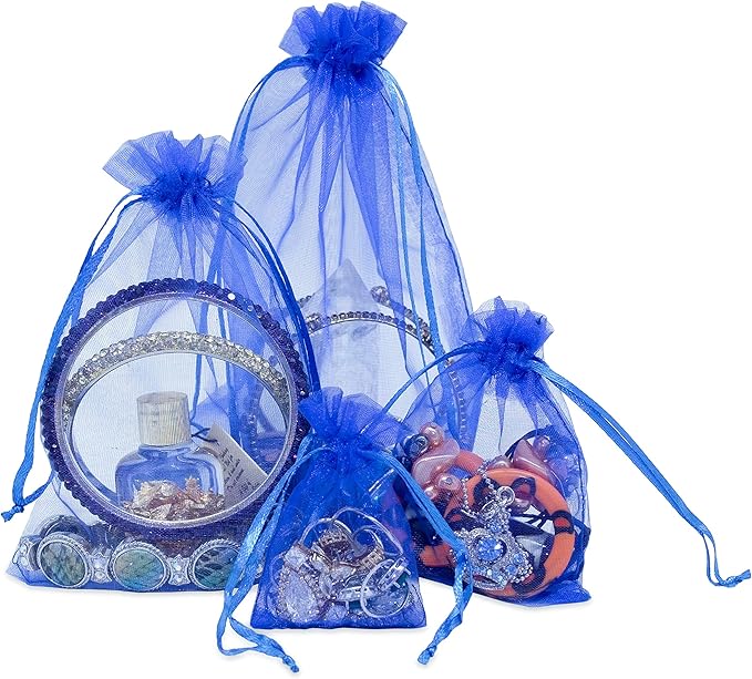 TheDisplayGuys 100-Pack 6x8 Royal Blue Sheer Organza Gift Bags with Drawstring, Goodie Bags for Jewelry, Candy Bags, Treat Bags, Wedding Favors Small Mesh Bags