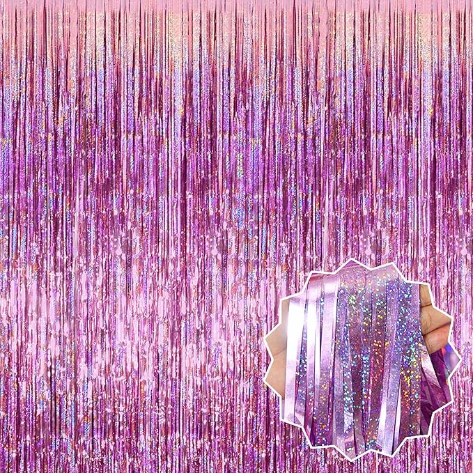 3 Pack Pink Foil Fringe Curtains Backdrop, 3.28 x 8.2 Ft Metallic Streamers Tinsel Curtains Background for Photo Booth, Birthday, Christmas, Halloween, Thanksgiving, New Year Party Decorations