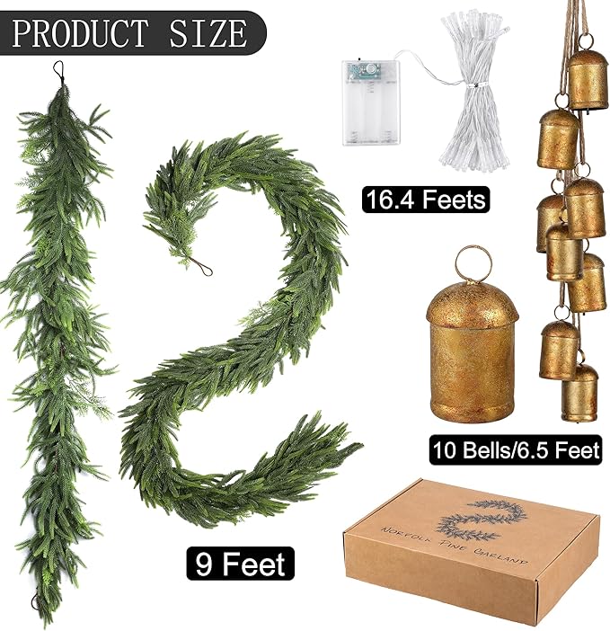 Fovths 9 Ft Christmas Garlands with Lights and Bells Real Touch Norfork Pine Garland Artificial Greenery Garlands for Christmas Mantle, Table Indoor Outdoor Decorations, Green