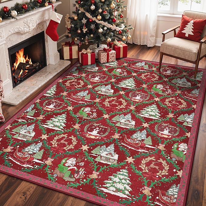 Christmas Area Rug 3x5 for Living Room, Washable Rug for Bedroom, Christmas Home Decor, Holiday Print Carpet, Low Pile Non Slip Mat with Rubber Backing, Crimson Christmas Tale Pattern