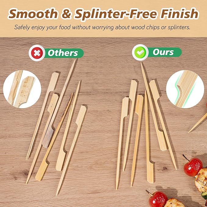 6 inch Bamboo Skewers for Appetizers, Fruit Kabobs, Wooden Food Cocktail Picks, Charcuterie Board Wood Sticks, for Grilling, BBQ Snacks, Caprese, Sandwich Toothpicks, Martini, Flat Handle- 200pcs