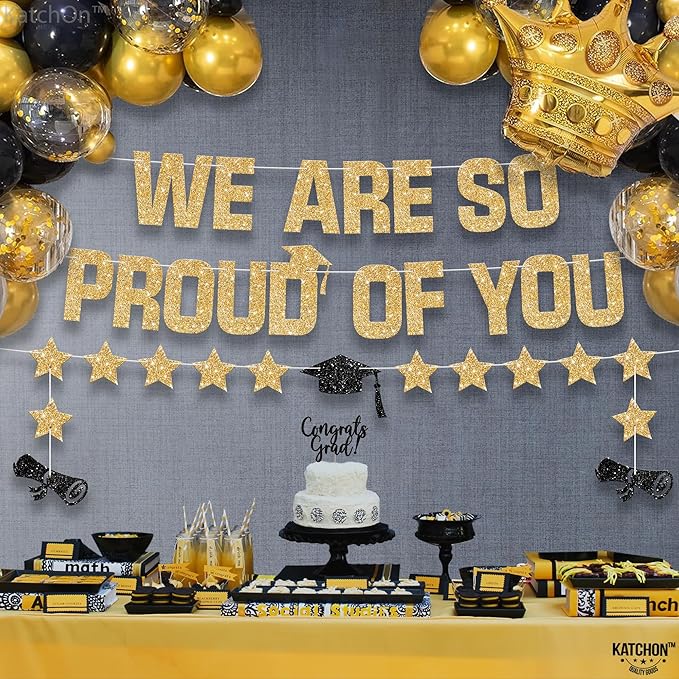 KatchOn, Glitter Gold We are So Proud of You Banner - 10 Feet, No DIY | Pre Strung Black and Gold Graduation Banner for Graduation Decorations 2025 | Class of 2025 Decorations
