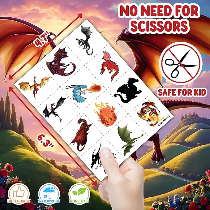 72PCS Dragon Party Set | 48PCS Temporary Pre-cut Tattoos & 24PCS Slap Bracelets Fun Fantasy Themed Birthday Supplies, Baby Shower Gifts, Classroom Rewards & Party Decor for Kids (Boys & Girls)