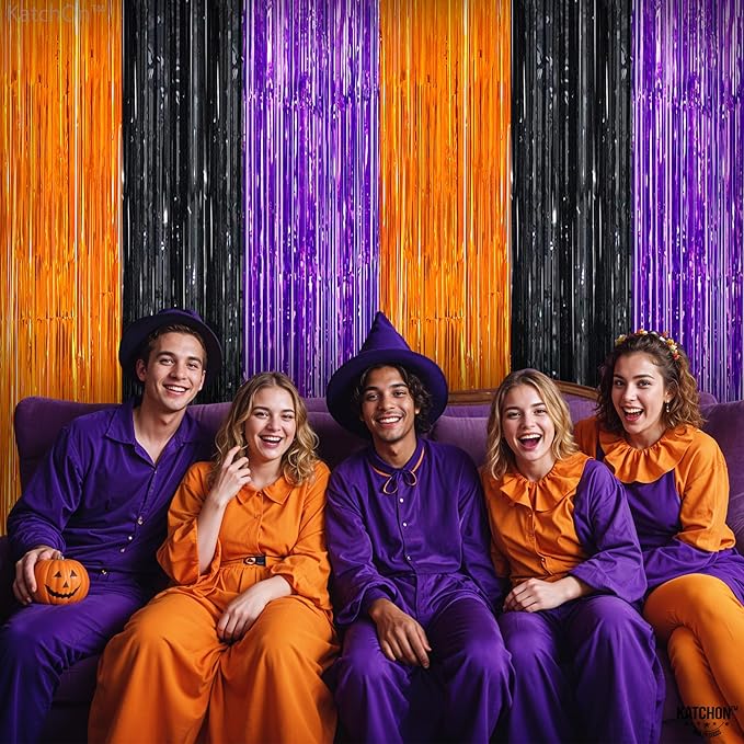 KatchOn, Orange Black and Purple Foil Fringe Curtain - XtraLarge 3.2x6.5 Feet, Pack of 2 | Streamers for Birthday, Bachelorette, Engagement | Fringe Backdrop for Halloween Party Decorations