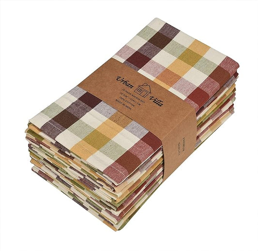 Urban Villa Cloth Napkins Harvest Checks Dinner Napkins Set of 12 20X20 100% Cotton Absorbent Washable Durable Reusable Cloth Napkins Ideal for Farmhouse Party Thanksgiving Harvest Fall Dinner Napkins
