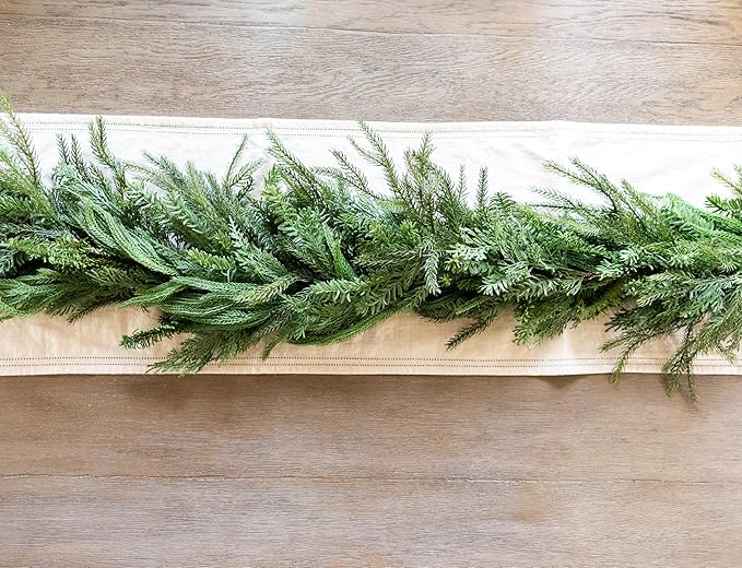 Mixed Norfolk Pine Garland with Evergreen, and Cedar Garland Artificial Realistic Greenery Branches for Decoration, Christmas Garland for Mantle, Premium Real Touch (9 Foot)