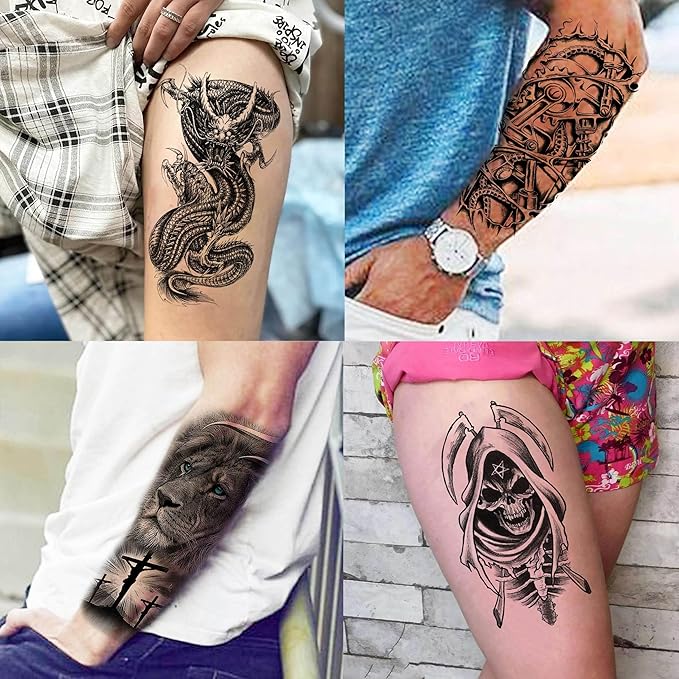 66 Sheets Black Eagle Dragon Halloween Temporary Tattoos For Men Women Thigh, Scary Tiger Lion Devil Skull Fake Tattoos For Adults, 3D Wolf Large Half Arm Sleeve Realistic Tattoo Forearm Vampire Demon