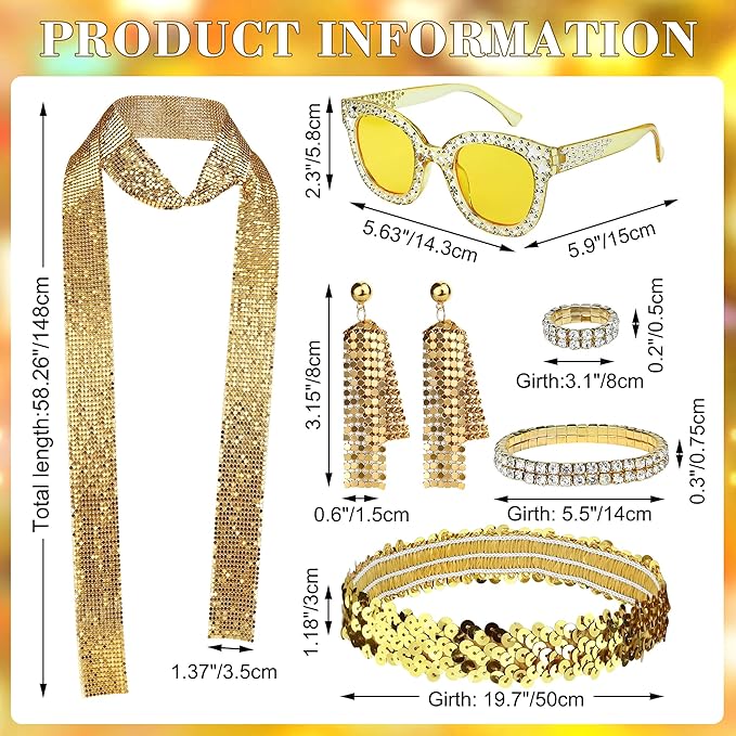 6 Pcs 70s Disco Accessories for Women Costume Jewelry Set Disco Earrings Ring Sequin Scarf Sunglasses Bracelet Headband