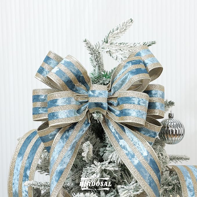 Dusty Blue Velvet Wired Ribbon with Champagne Glitter Stripe 2.5 Inch Crushed Velvet Christmas Ribbon, 10 Yards for Gift Wrapping, Crafts, Christmas Tree Decorations, Wreaths, Garlands
