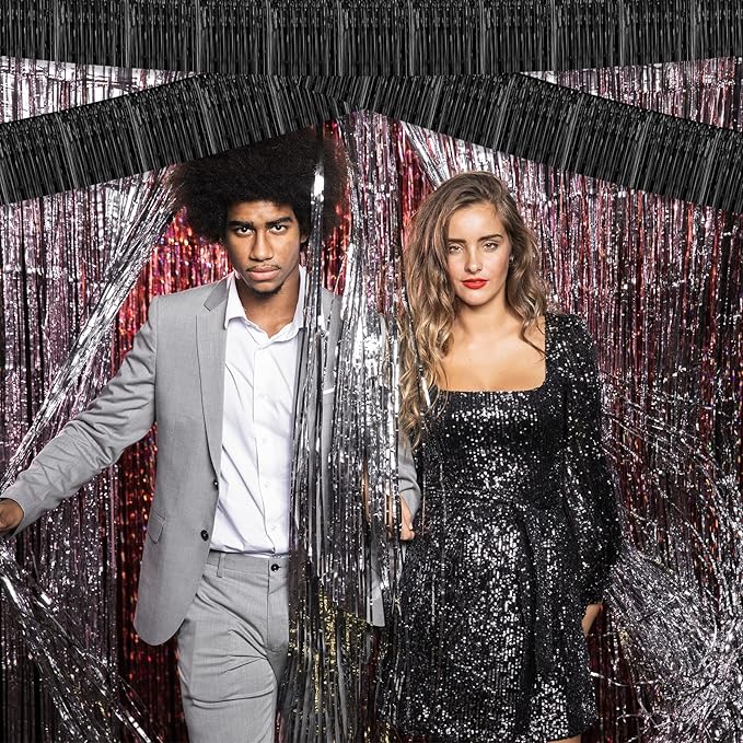 6 Pack 10 Feet Foil Fringe Garland Metallic Tinsel Streamers Banner Wall Hanging Curtain Backdrop for Parade Floats, Bachelorette, Wedding, Birthday, Halloween, Christmas Party Decorations(Black)