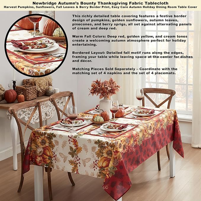 Newbridge Thanksgiving Autumns Bounty Bordered Fabric Tablecloth, 60 x 84 Inch Rectangle, Bountiful Farm Pumpkin Fall Harvest Multicolor Easy Care Table Cloth for Holiday Dining