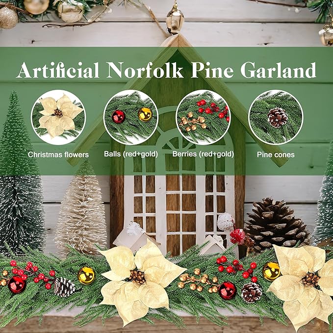 6FT Christmas Norfolk Pine Garland for Mantle, 1PCS Artificial Real Touch Garland with Flowers Berries Pinecones Balls, Green Winter Realistic Norfolk Pine Garlands for Table Winter Xmas Decorations