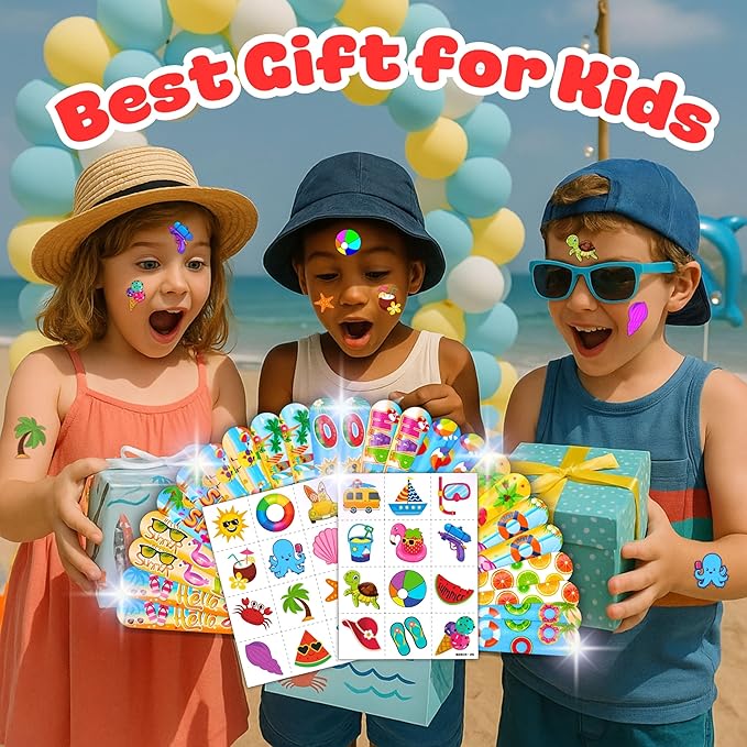 48PCS Beach Party Favors – 24PCS Temporary Pre - cut Tattoos & 24PCS Slap Bracelets – Summer & Ocean-Themed Birthday Supplies, Baby Shower Gifts, Classroom Rewards & Party Decor for Kids