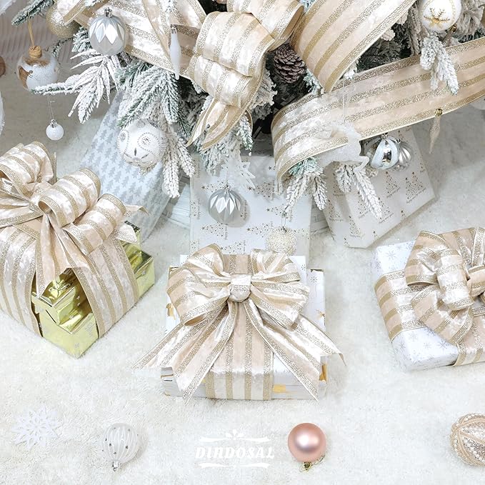 Champagne Velvet Wired Ribbon with Glitter Stripe 4 Inch Extra Wide Crushed Velvet Christmas Ribbon, 10 Yards for Gift Wrapping, Crafts, Tree Decorations, Wreaths, Garlands